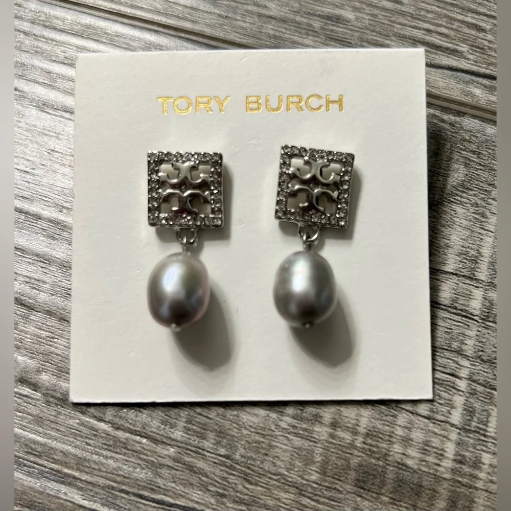 Tory Burch Silver and White Pearl Drop Earrings